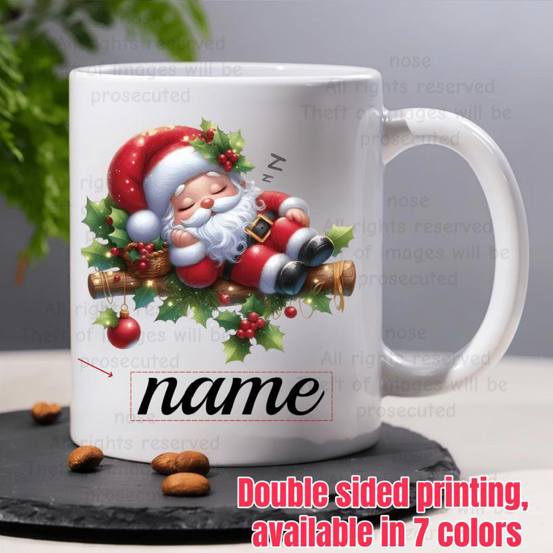 Tailorly White Ceramic 11 oz Mug - Name Cute Sleeping Santa Resting Peacefully On A Festive Log Santa