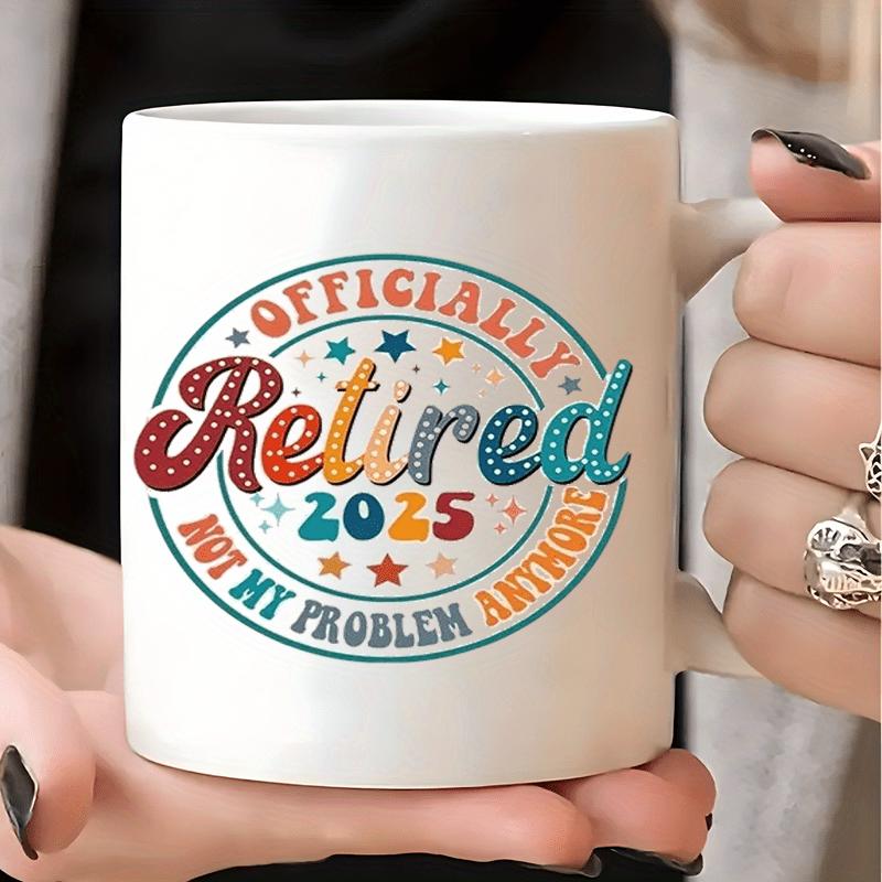 Tailorly White Ceramic 11 oz Mug - Officially Retired Not My Problem Anymore Vintage Circular Emblem Featuring Colorful Twinkling Stars Retro Sign