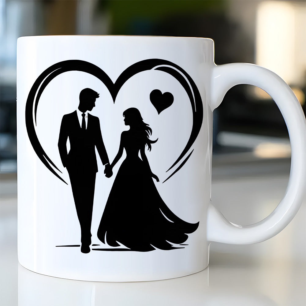 Tailorly White Ceramic 11 oz Mug - Romantic Silhouette Of A Bride And Groom Holding Hands Inside Heart Couple