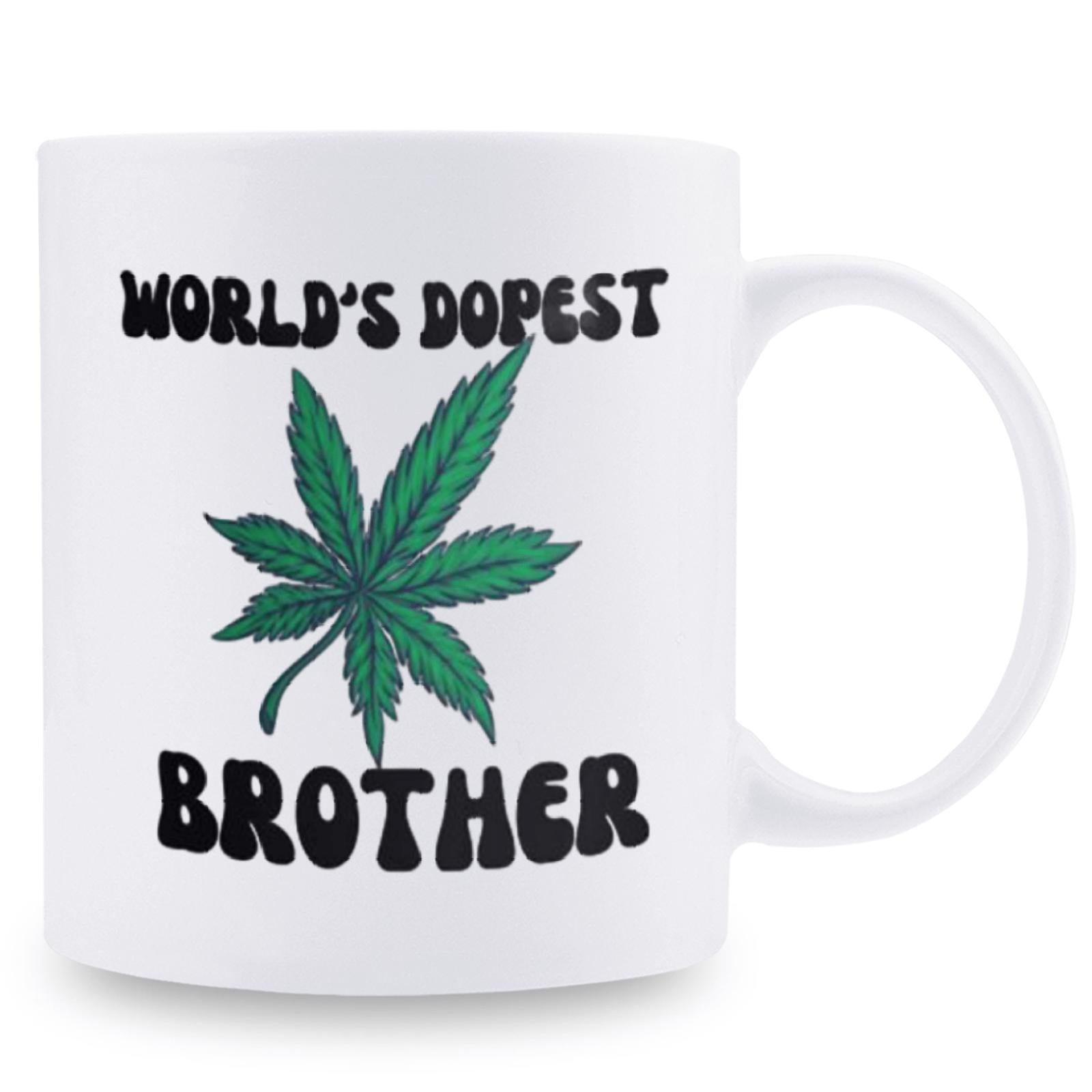 Tailorly White Ceramic 11 oz Mug - Worlds Dopest Brother Vibrant Green Herbal Plant Leaf With Multiple Pointed Sharp Edges Leaf