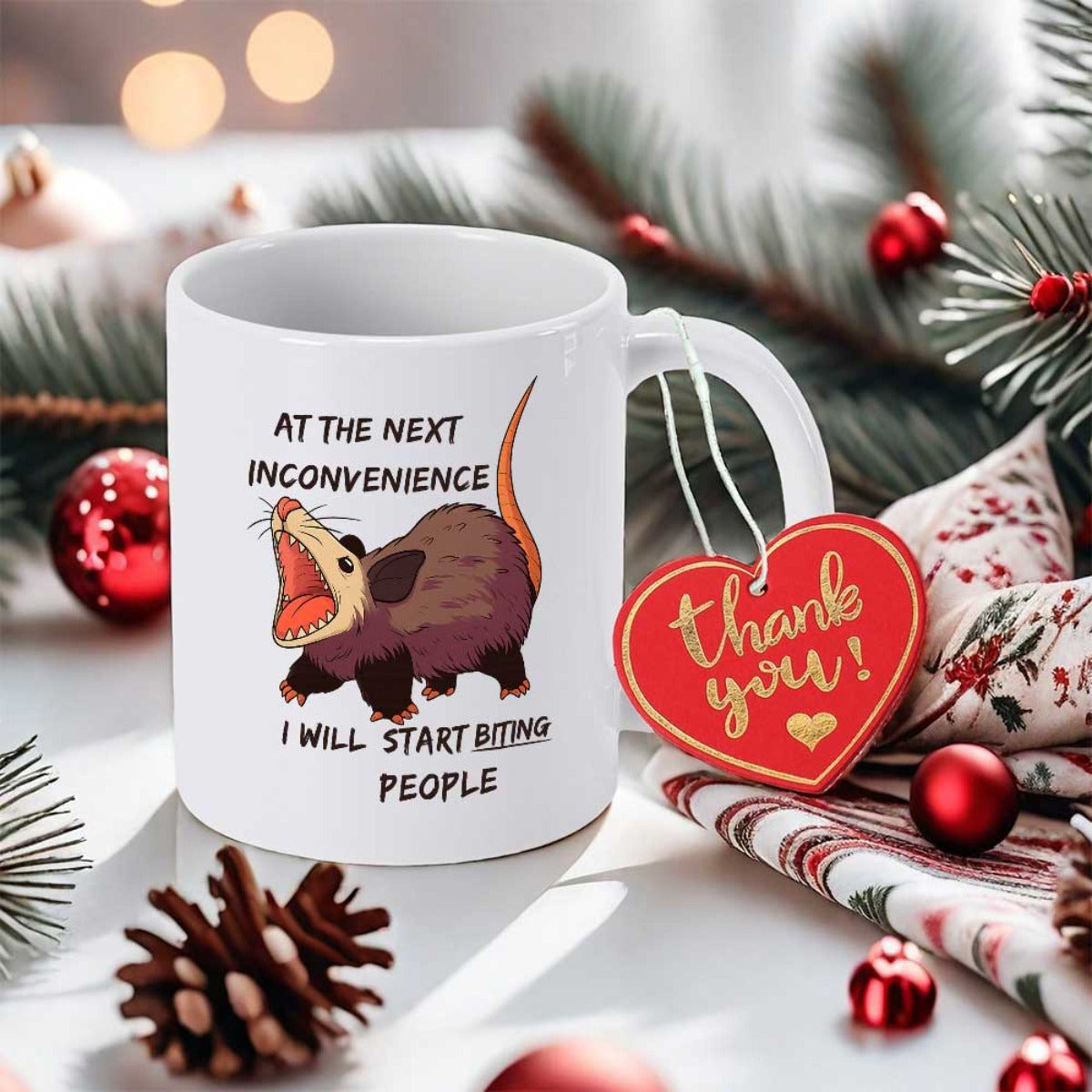 Tailorly White Ceramic 11 oz Mug - At The Next Inconvenience I Will Start Biting People Grumpy Screaming Opossum With Brown Fur And Sharp Teeth Illustration