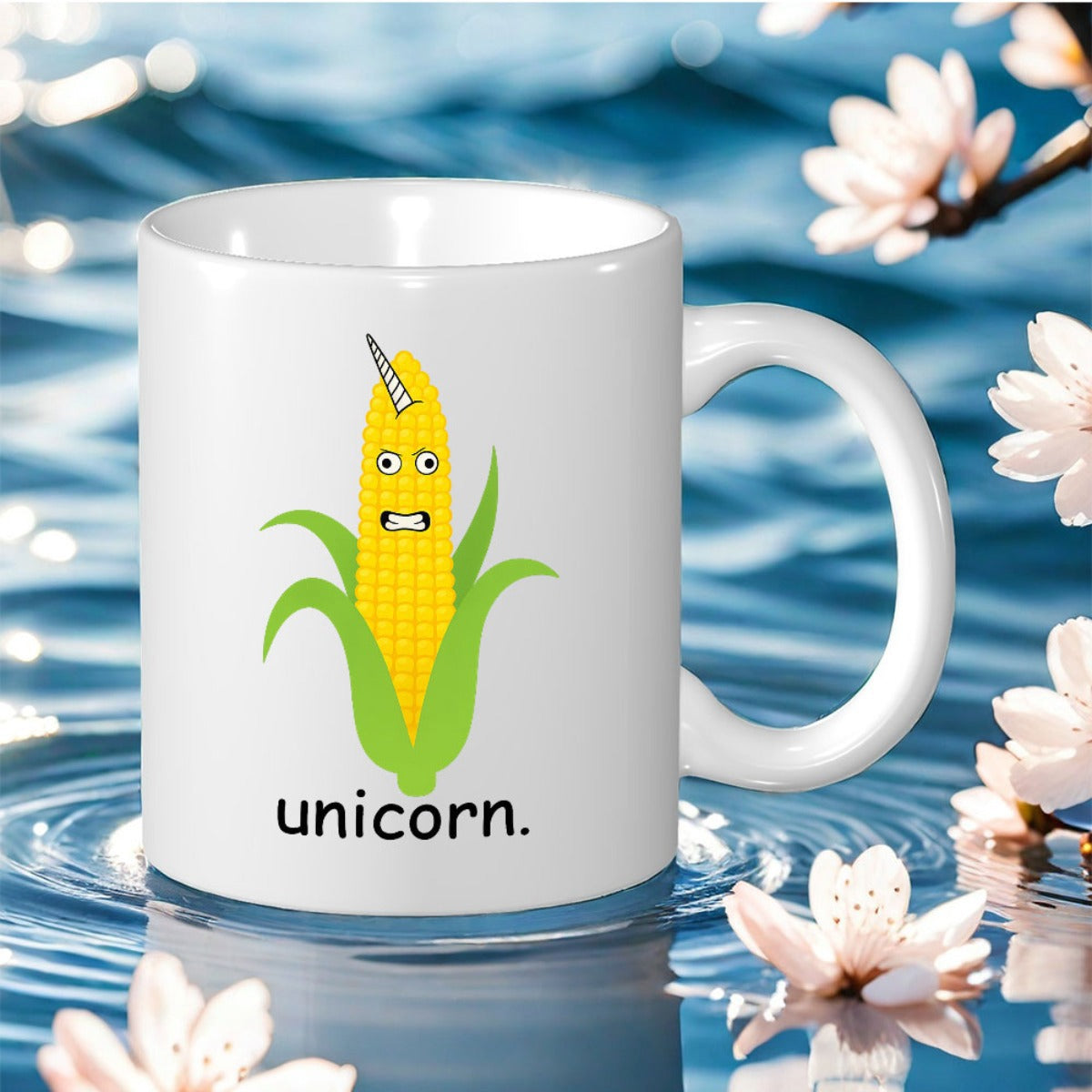 Tailorly White Ceramic 11 oz Mug - Unicorn Funny Yellow Vegetable With Horn In Rippling Water Corn