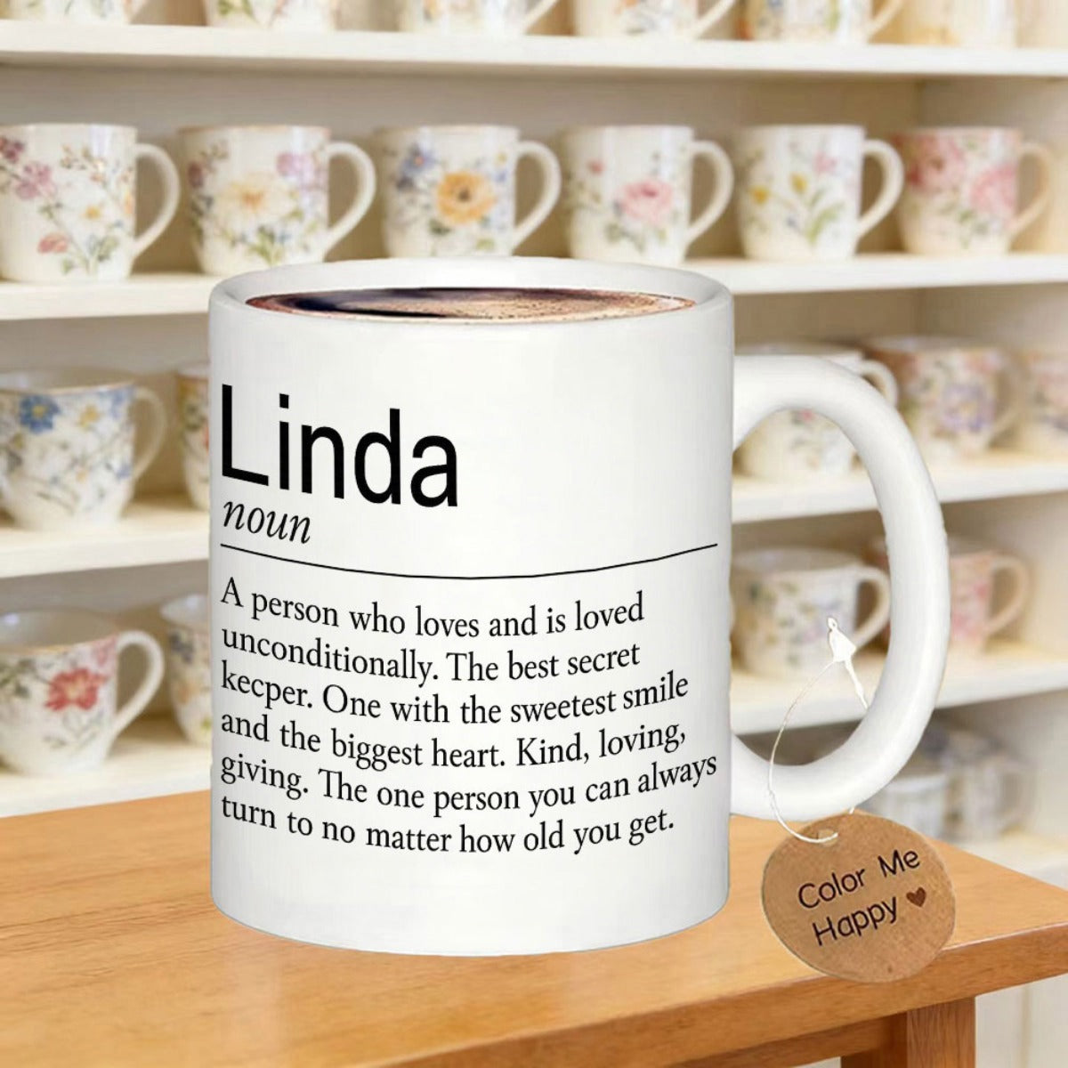 Tailorly White Ceramic 11 oz Mug - Linda Dictionary Style Elegant Black Text Printed On