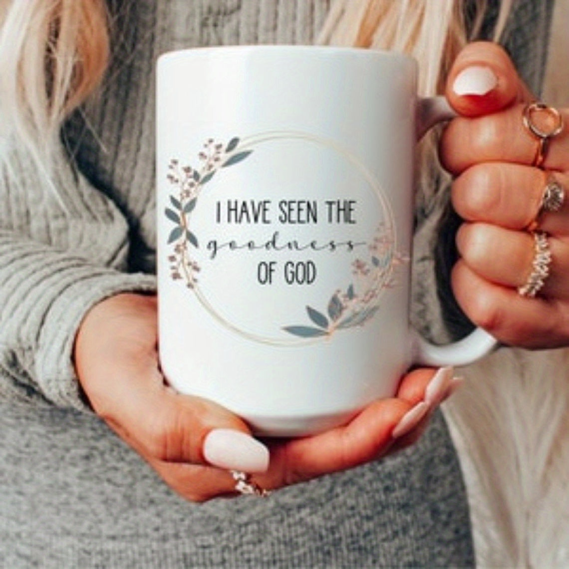 Tailorly White Ceramic 11 oz Mug - I Have Seen The Goodness Of God Elegant Hand Painted Floral Circling A Faith Based Spiritual Wreath