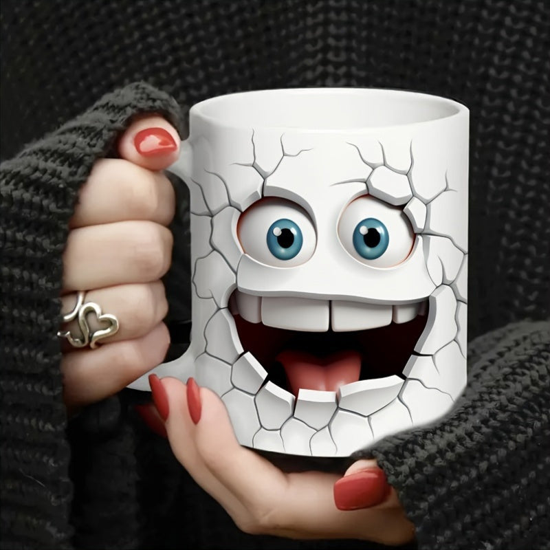 Tailorly White Ceramic 11 oz Mug - Comical Blue Eyed Smiling Face Emerging From Cracked White Wall Face