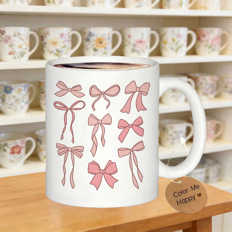 Tailorly White Ceramic 11 oz Mug - Collection Of Pink Delicate Hand Drawn Ribbons Floating Gracefully Bow