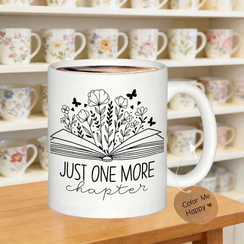 Tailorly White Ceramic 11 oz Mug - Just One More Chapter Delicate Wildflowers Growing From An Open Book With Flying Butterflies Book