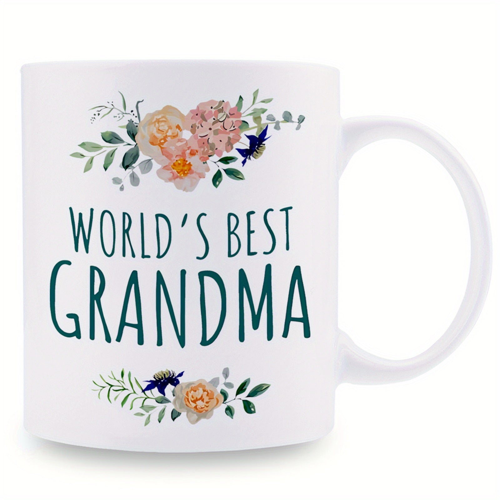 Tailorly White Ceramic 11 oz Mug - Worlds Best Grandma Soft Blooming Watercolor Roses Surrounded By Elegant Greenery Floral