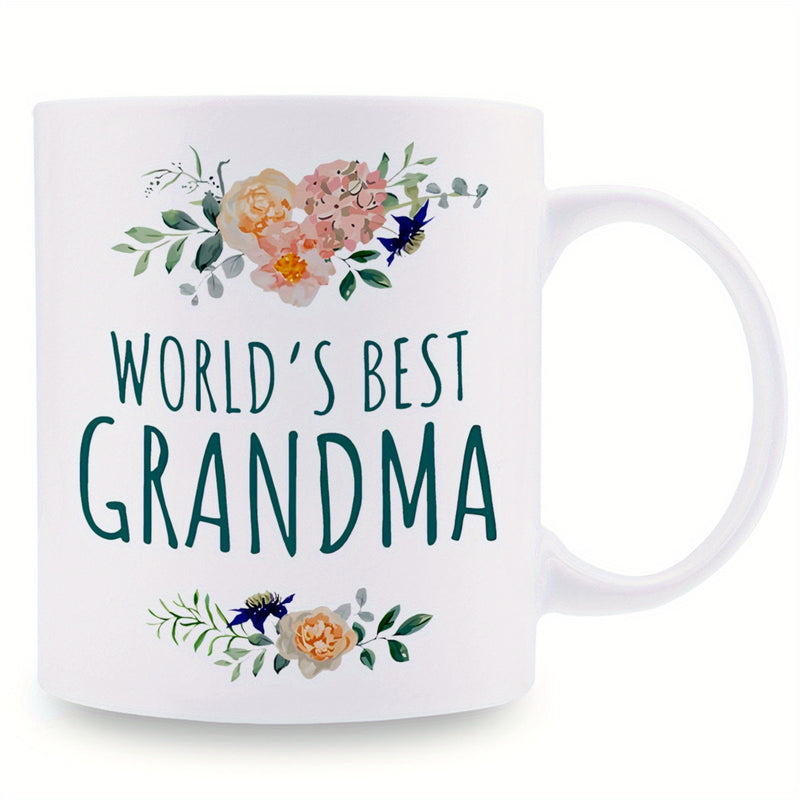 Tailorly White Ceramic 11 oz Mug - Worlds Best Grandma Soft Blooming Watercolor Roses Surrounded By Elegant Greenery Floral