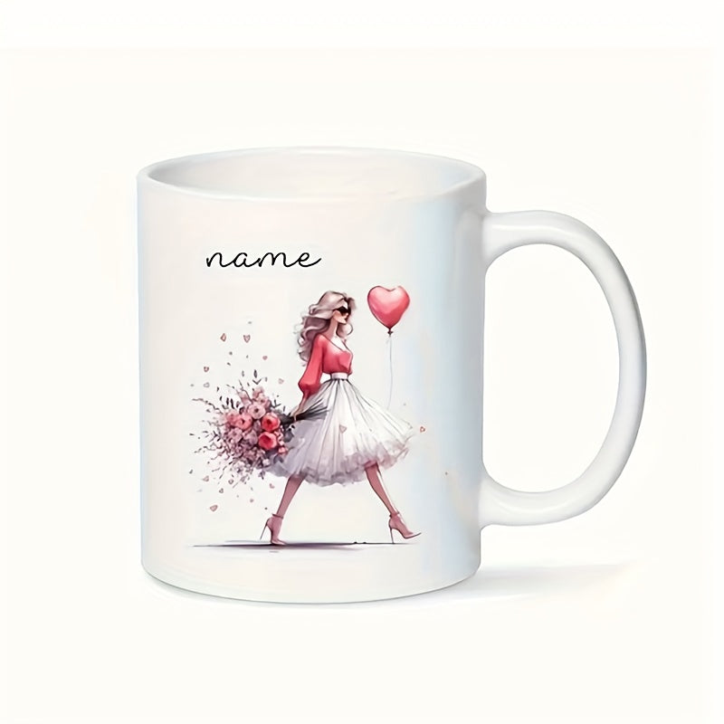 Tailorly White Ceramic 11 oz Mug - Name Fashionable Lady In Tutu Skirt Walking With Pink Heart Balloon Woman