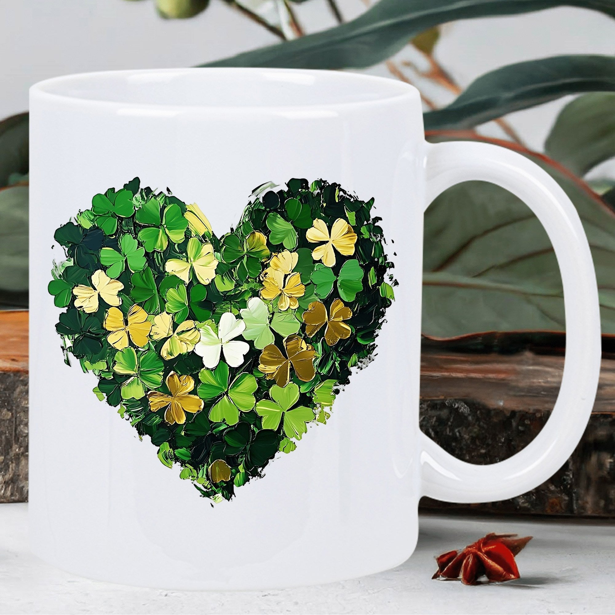 Tailorly White Ceramic 11 oz Mug - Vibrant Green Clovers And Golden Shamrocks Forming A Beautiful Heart