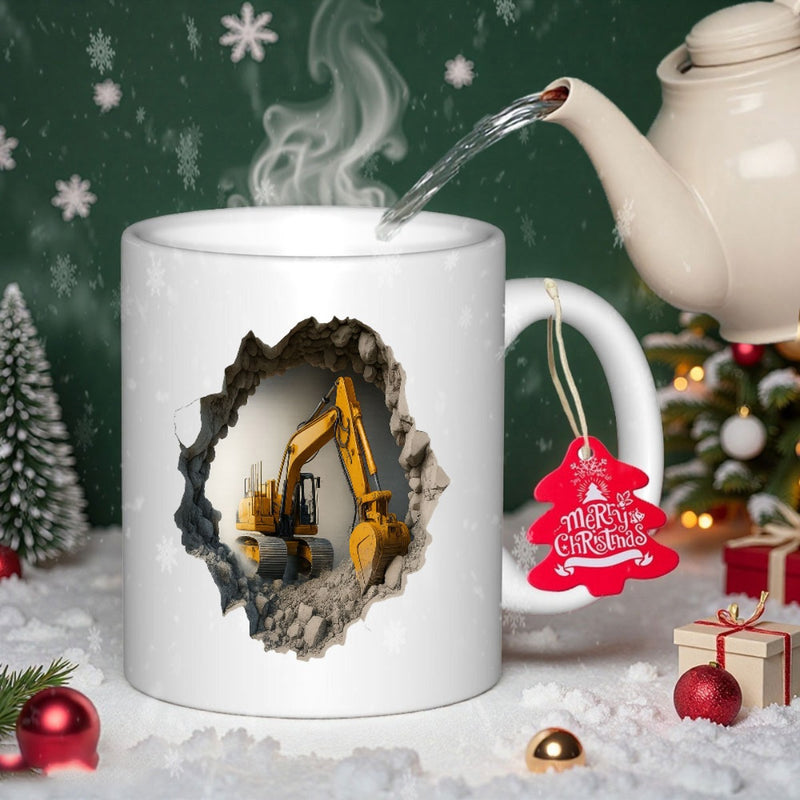 Tailorly White Ceramic 11 oz Mug - Merry Christmas Strong Yellow Construction Vehicle Emerging From A Rough Stone Crater Excavator