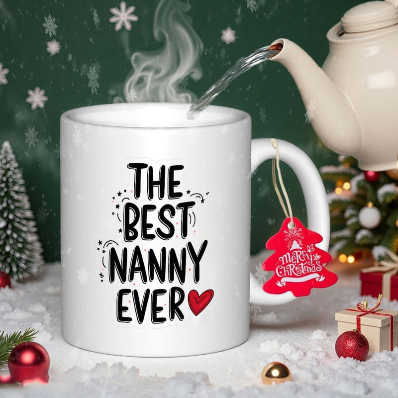 Tailorly White Ceramic 11 oz Mug - The Best Nanny Ever Simple Red Heart And Decorative Black Handwritten Typography Mug