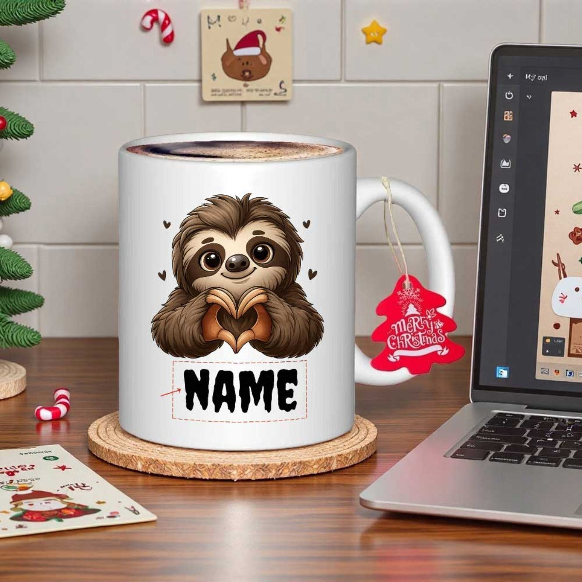 Tailorly White Ceramic 11 oz Mug - Name Adorable Cartoon Animal Making Heart Shape Among Floating Black Hearts Sloth