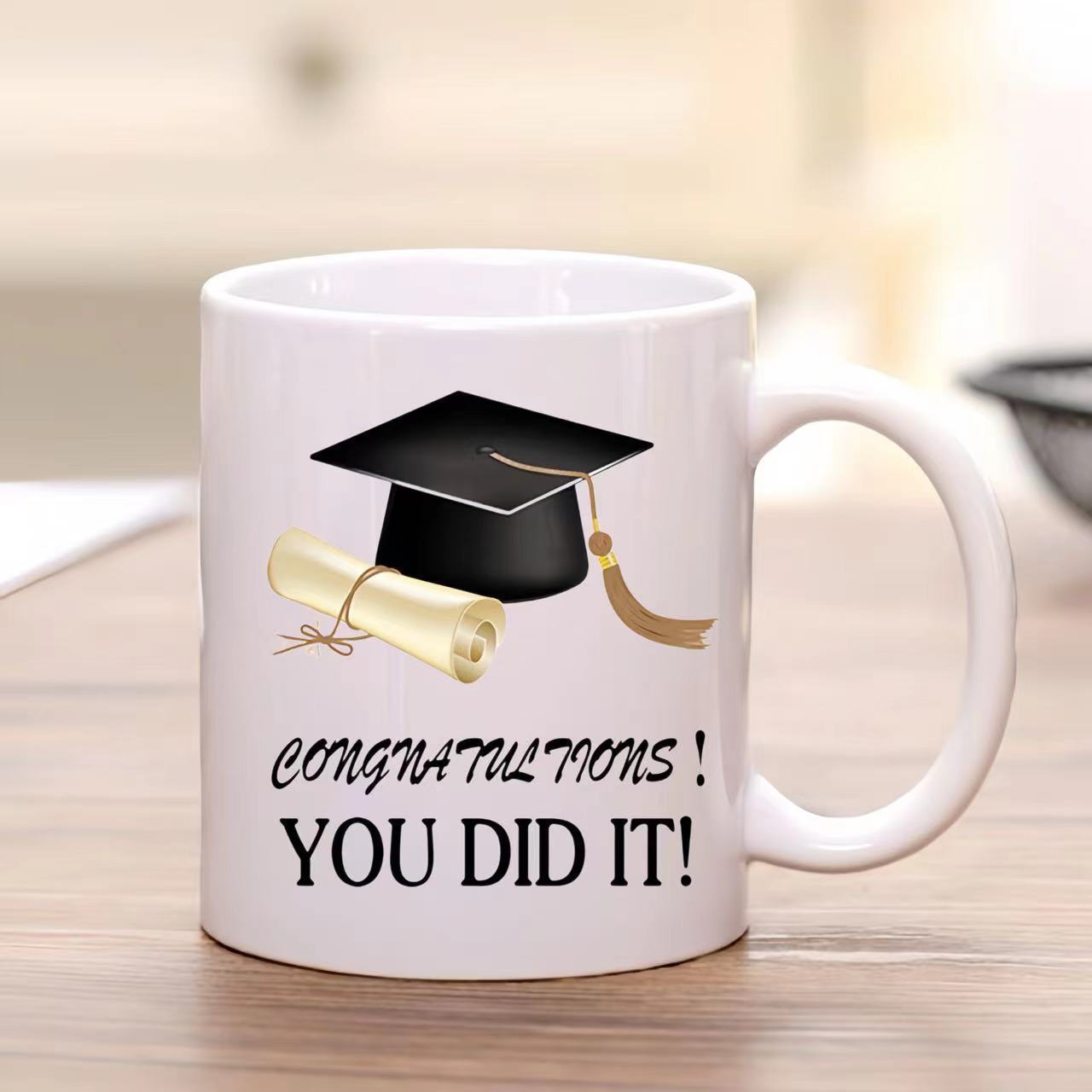 Tailorly White Ceramic 11 oz Mug - Congratulations You Did It Classic Black Graduation Mortarboard With Gold Tassel And Diploma Cap