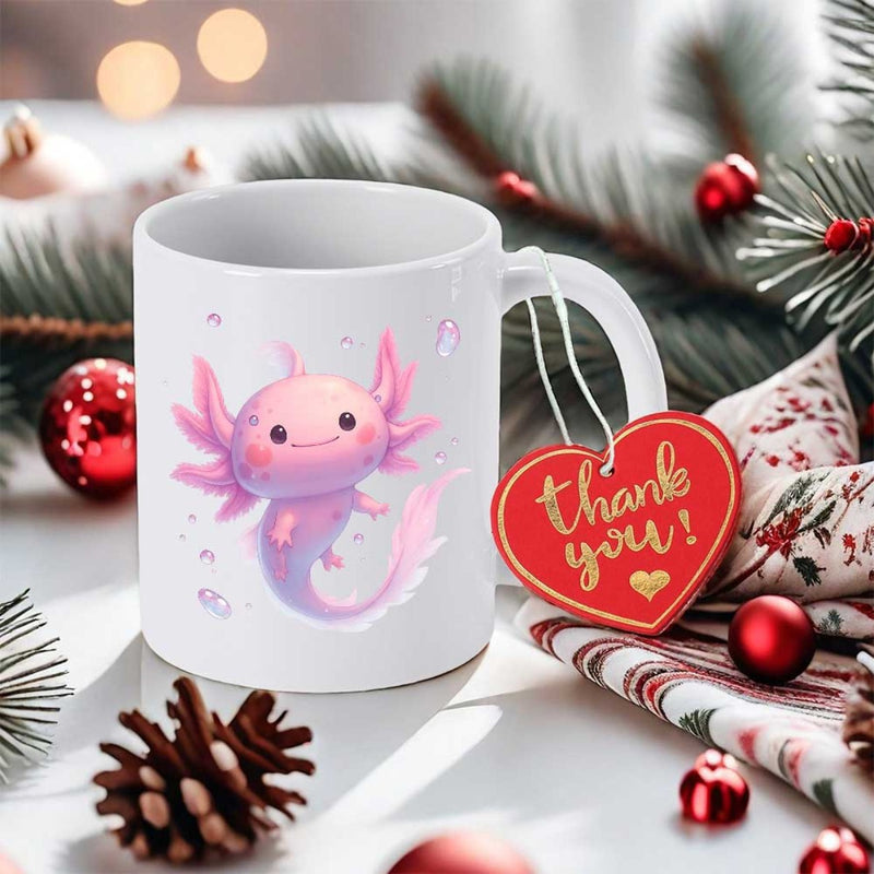Tailorly White Ceramic 11 oz Mug - Thank You Cute Pink Cartoon Axolotl Swimming Among Tiny Bubbles On A