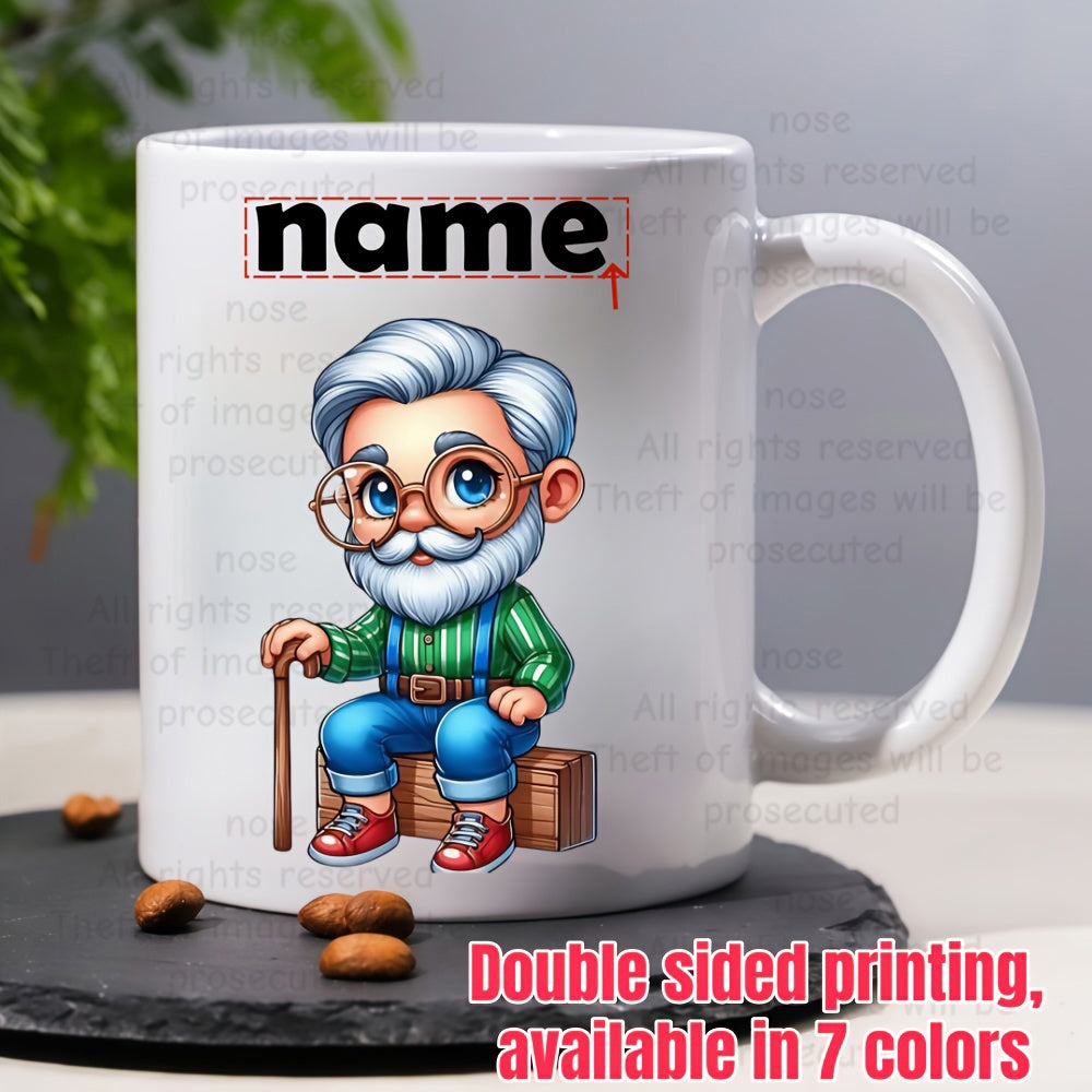 Tailorly White Ceramic 11 oz Mug - Name Cute Cartoon Elder Man Sitting On Wood Holding Walking Cane Grandfather