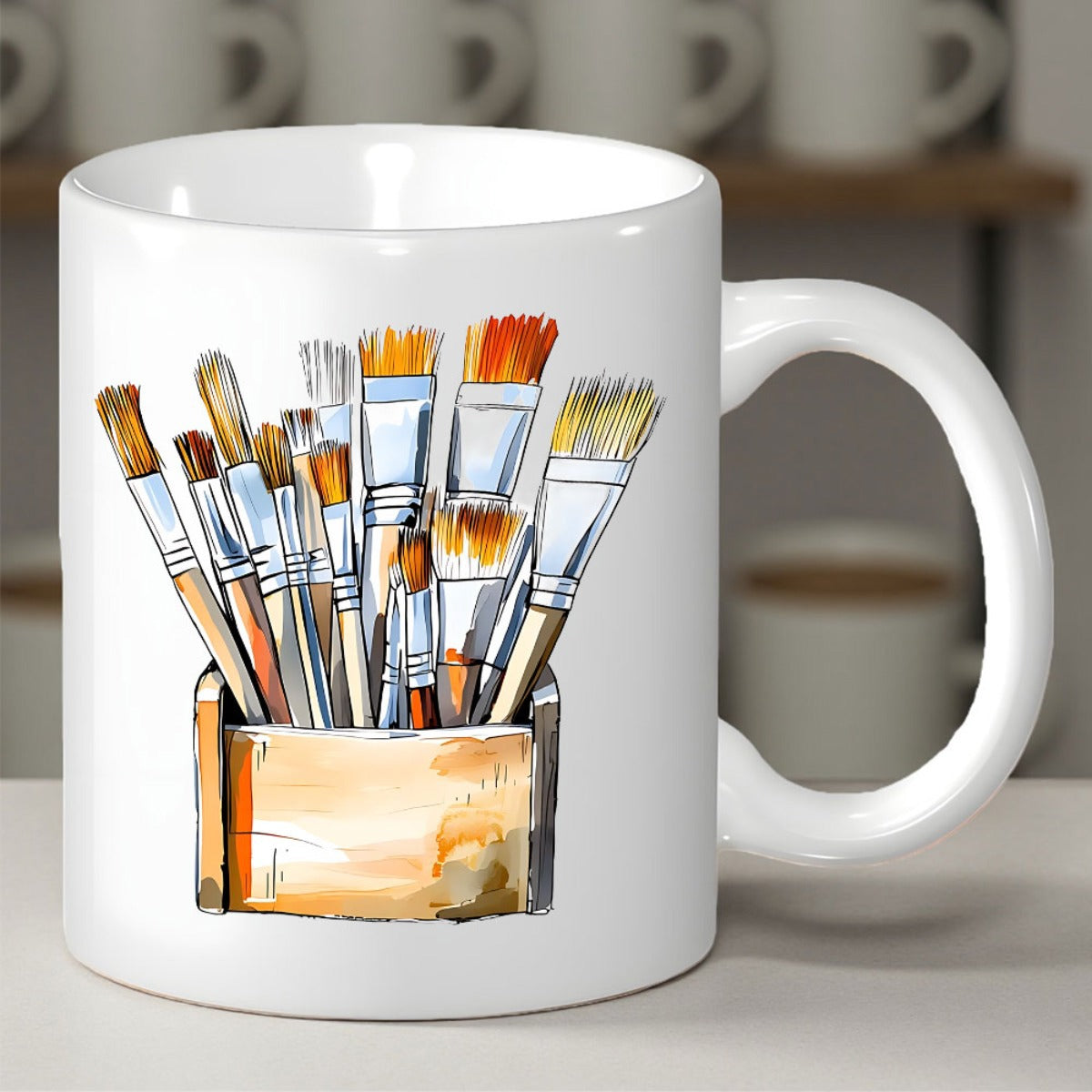 Tailorly White Ceramic 11 oz Mug - Artistic Watercolor Paintbrushes Set Resting Inside A Rustic Wooden Holder Paintbrushes