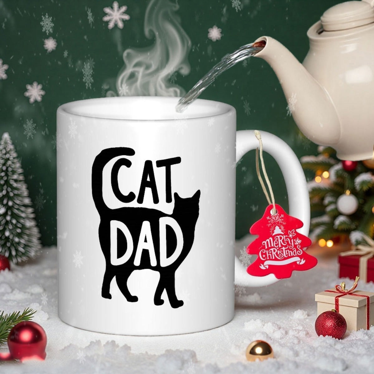 Tailorly White Ceramic 11 oz Mug - Cat Dad Elegant Minimalist Black Silhouette With Artistic Curving Tail Profile Cat