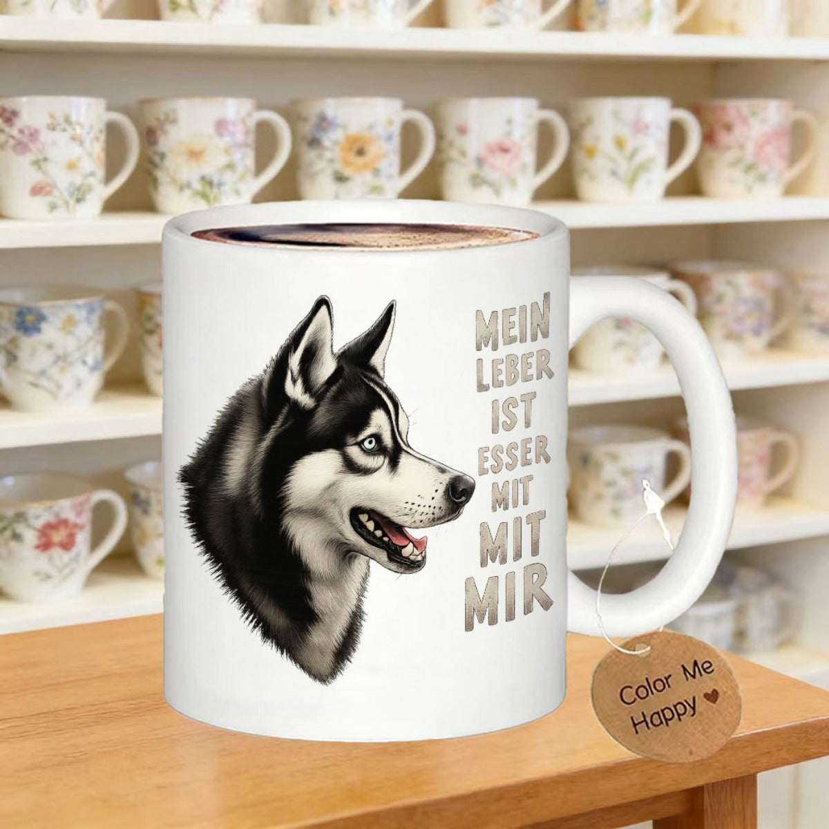Tailorly White Ceramic 11 oz Mug - Color Me Happy Beautiful Detailed Head Profile Of Majestic Siberian Sled Dog Breed Husky