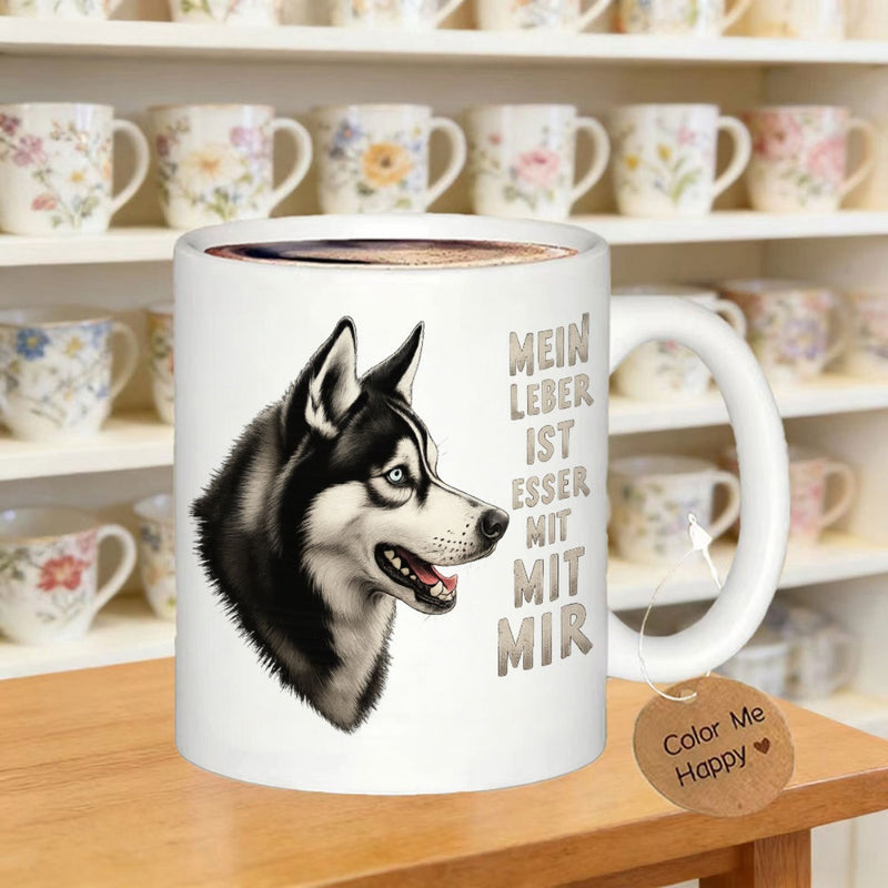 Tailorly White Ceramic 11 oz Mug - Color Me Happy Beautiful Detailed Head Profile Of Majestic Siberian Sled Dog Breed Husky