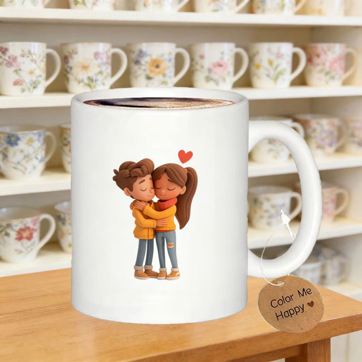 Tailorly White Ceramic 11 oz Mug - Color Me Happy Charming Animated Figures Embracing With Heart Under Warm Soft Lighting Couple