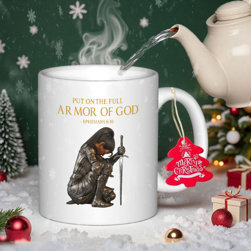 Tailorly White Ceramic 11 oz Mug - Put On The Full Armor Of God Ephesians 6 11 Bravely Kneeling Female Warrior Wearing Protective Metal Plate Armor Holding Sword