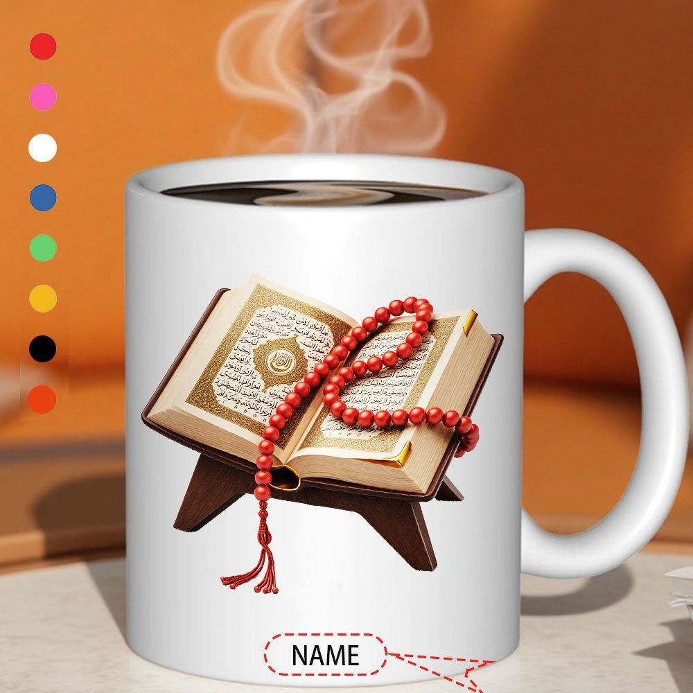 Tailorly White Ceramic 11 oz Mug - Name Sacred Open Book Resting On Wooden Stand With Red Prayer Beads Book
