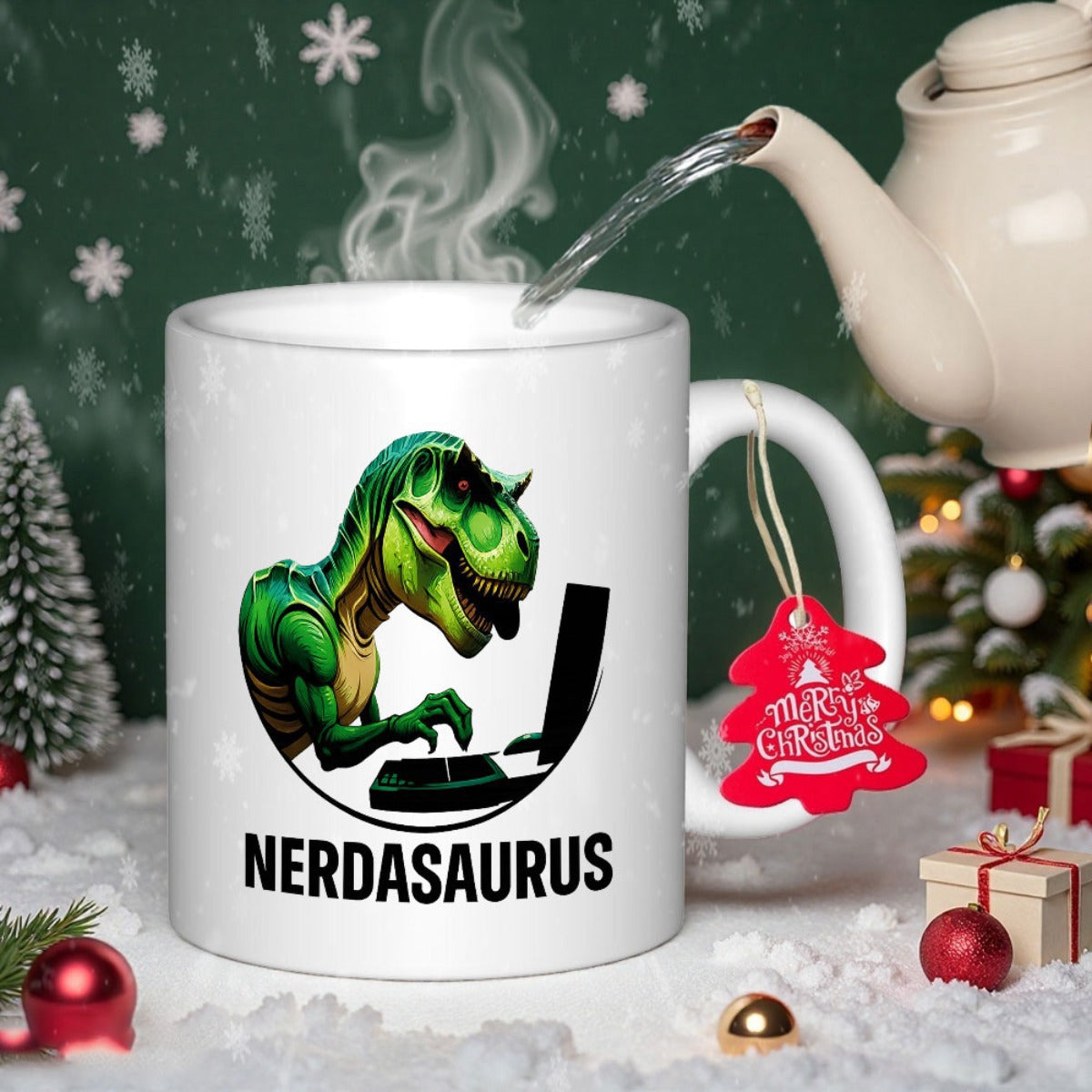 Tailorly White Ceramic 11 oz Mug - Nerdasaurus Intelligent Green Dinosaur Typing On A Laptop At A Desk Dinosaur