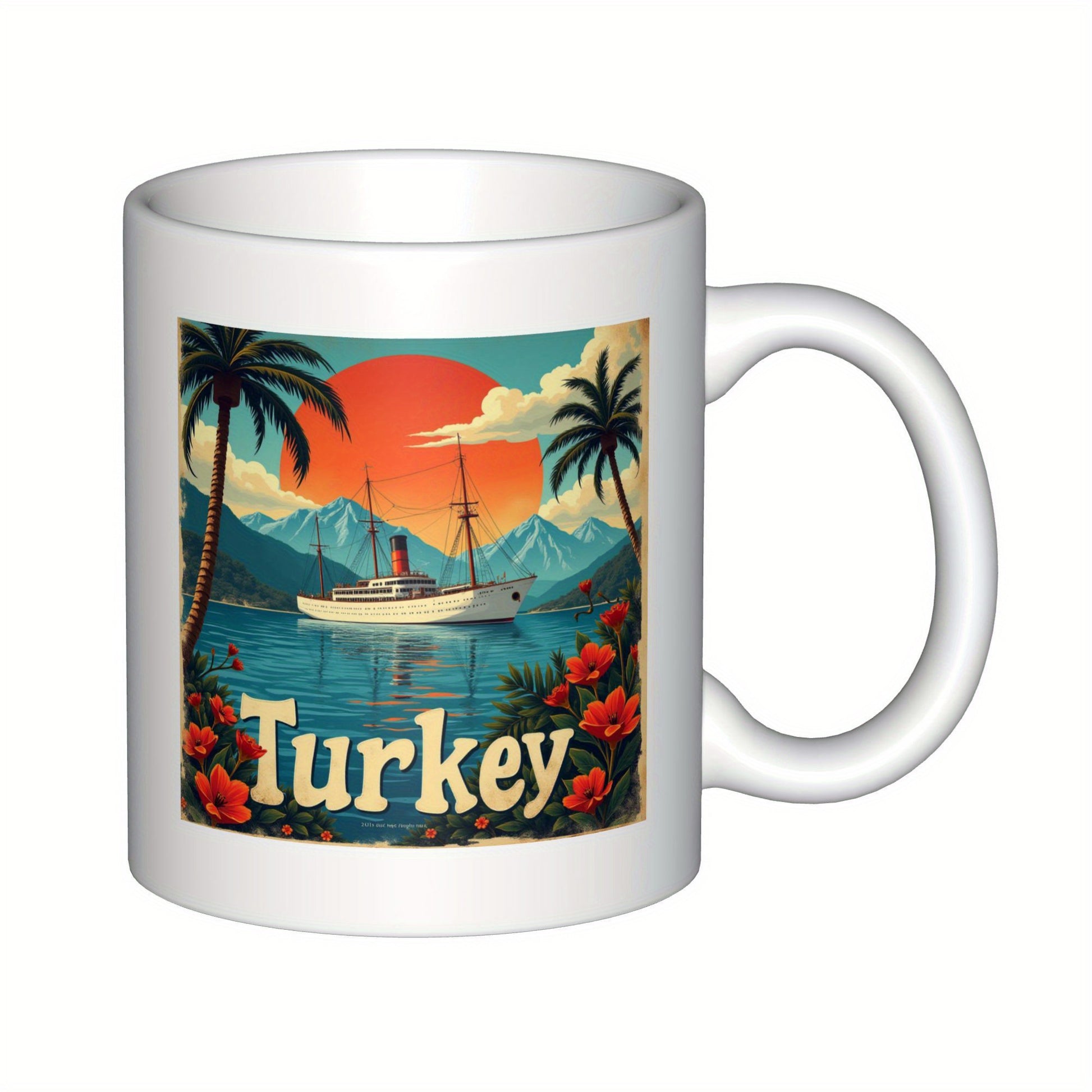 Tailorly White Ceramic 11 oz Mug - Turkey Vintage Scenic Coastline With Tropical Palm Trees Under Red Setting Sun Boat
