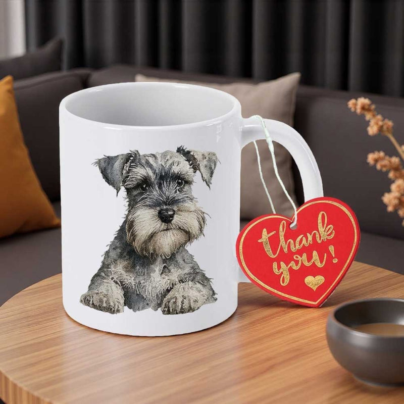 Tailorly White Ceramic 11 oz Mug - Thank You Detailed Realistic Gray And White Dog With Hand Painted Texture Schnauzer