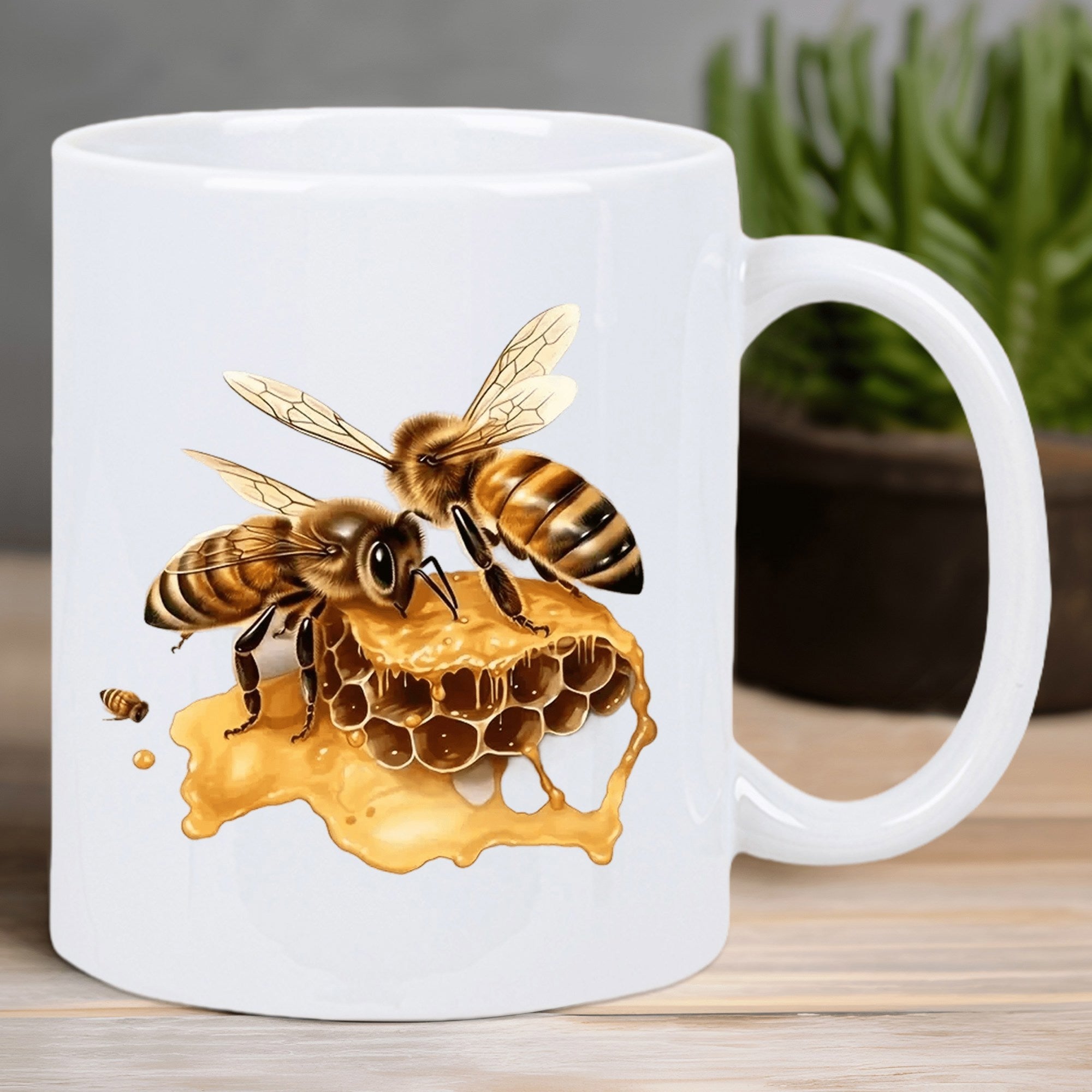 Tailorly White Ceramic 11 oz Mug - Golden Honeycomb Dripping With Sweet Nectar Featuring Two Realistic Hardworking Honey Bee