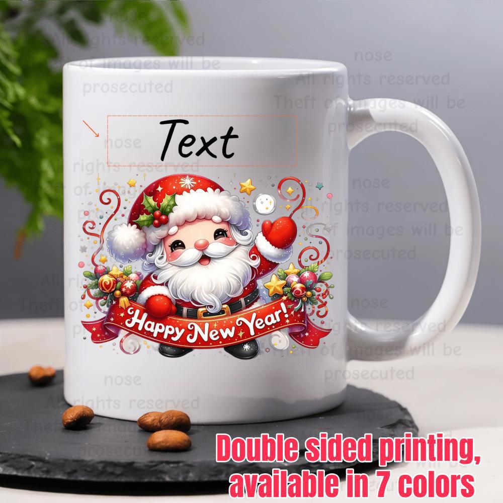 Tailorly White Ceramic 11 oz Mug - Happy New Year Joyful Festive Figure Holding A Red Banner Among Glistening Holiday Decor Santa Claus