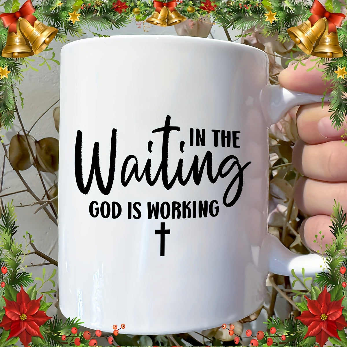 Tailorly White Ceramic 11 oz Mug - In The Waiting God Is Working Minimalist White Ceramic Vessel With Elegant Script And Small Black Cross Mug