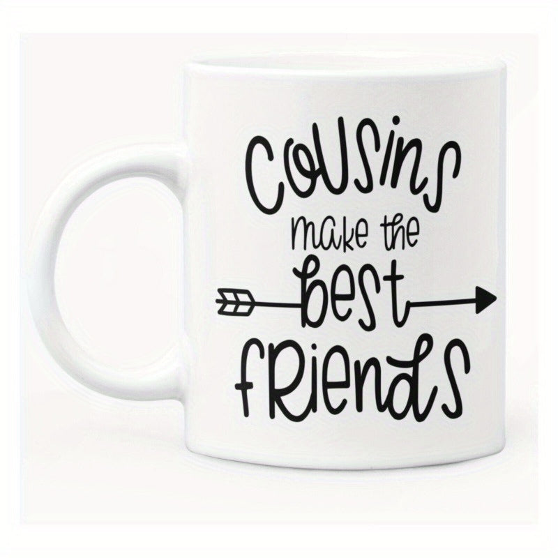 Tailorly White Ceramic 11 oz Mug - Cousins Make The Best Friends Minimalist Horizontal Hand Drawn Style Graphic Pointing Right Arrow