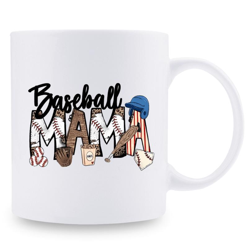 Tailorly White Ceramic 11 oz Mug - Baseball Mama Sports Theme Pattern With Stitched Letters Glove And Bat Mug