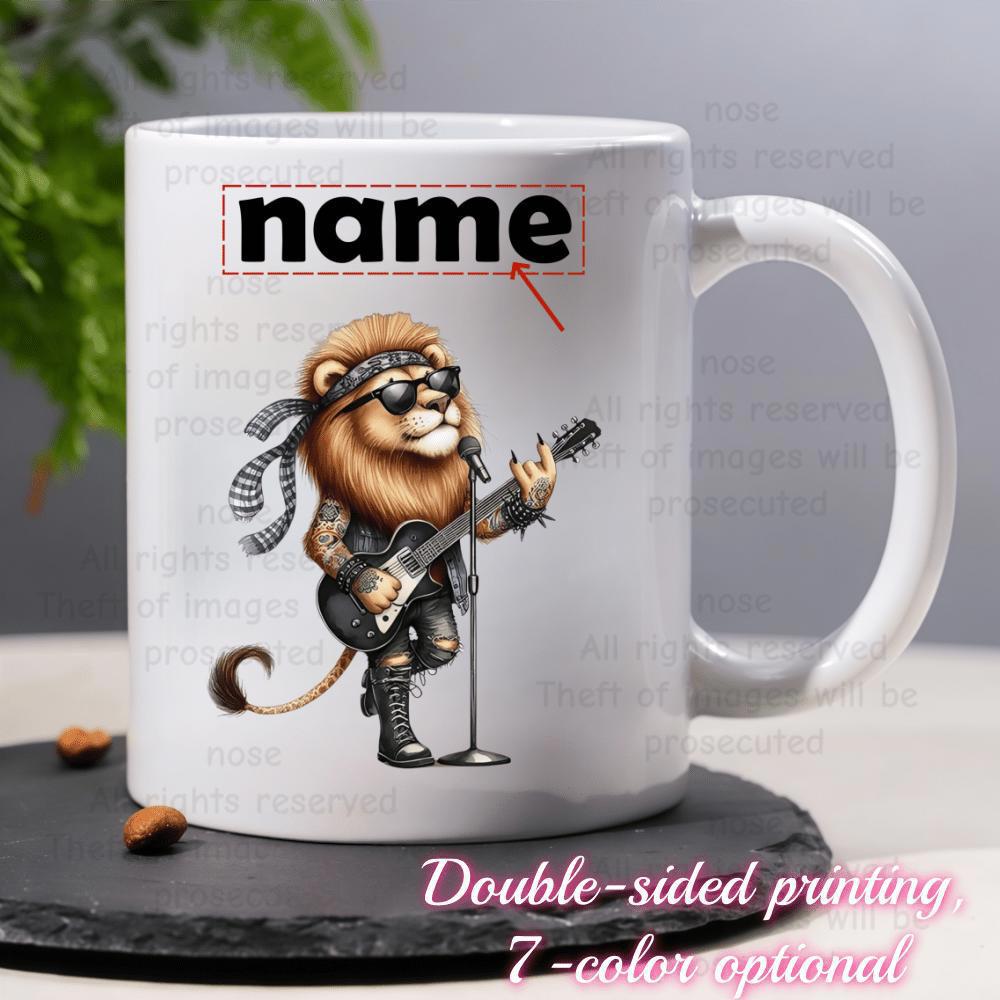 Tailorly White Ceramic 11 oz Mug - Name Cool Rockstar Lion Playing Electric Guitar While Wearing Sunglasses And Bandana Lion