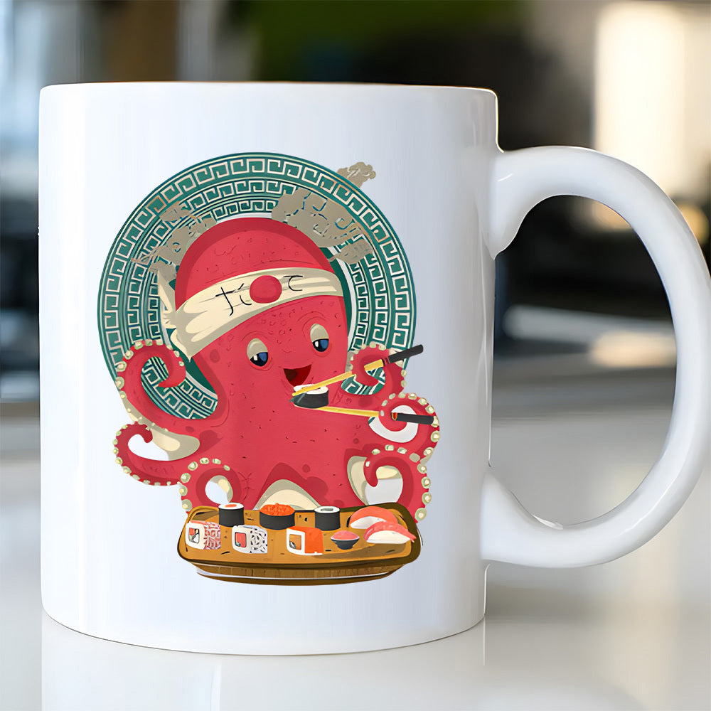 Tailorly White Ceramic 11 oz Mug - Adorable Red Cartoon Octopus Eating Fresh Sushi Using Wooden Handcrafted Chopsticks Octopus