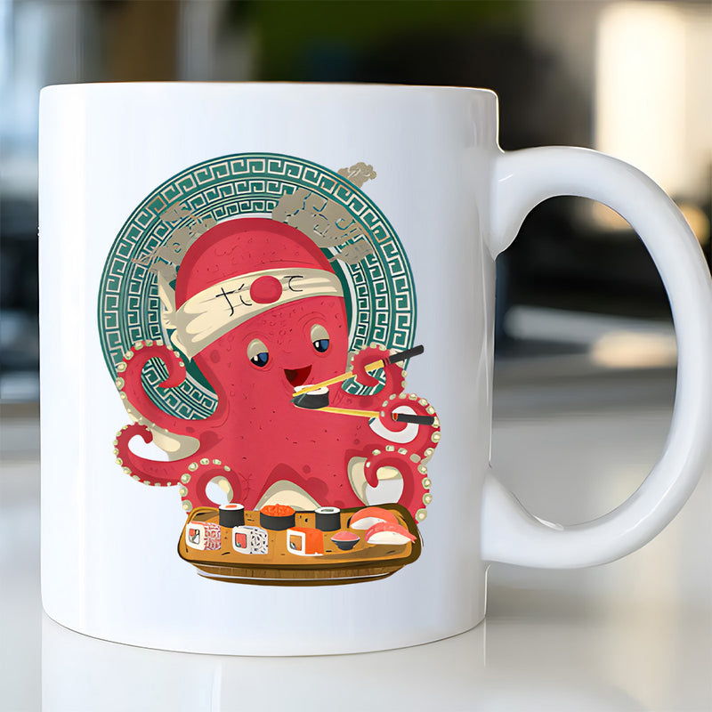 Tailorly White Ceramic 11 oz Mug - Adorable Red Cartoon Octopus Eating Fresh Sushi Using Wooden Handcrafted Chopsticks Octopus