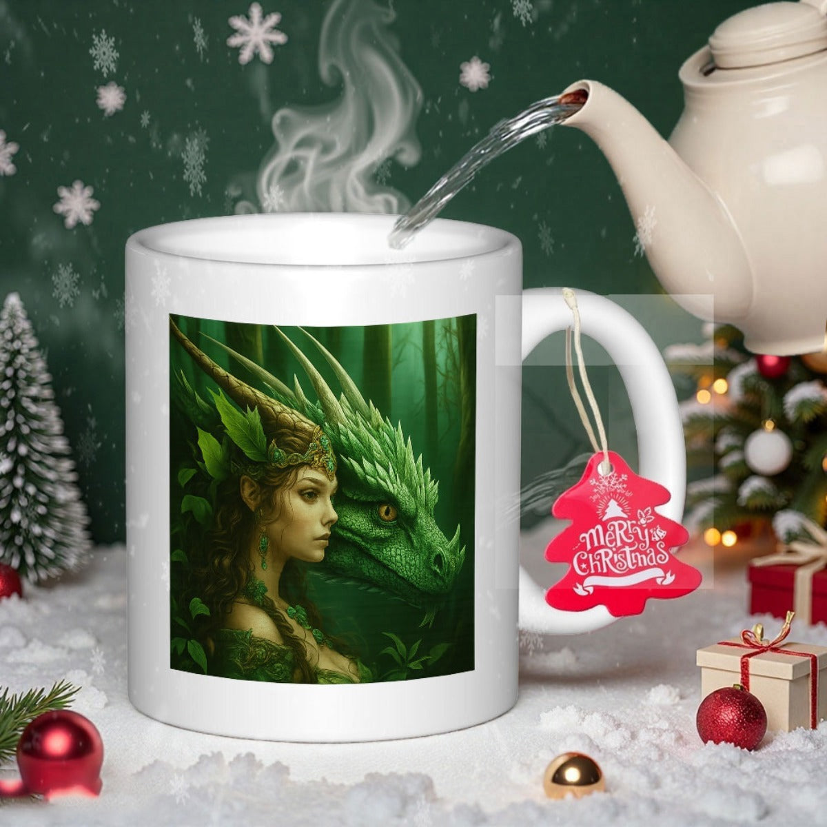 Tailorly White Ceramic 11 oz Mug - Merry Christmas Mythical Forest Maiden Standing Beside A Majestic Ancient Green Dragon