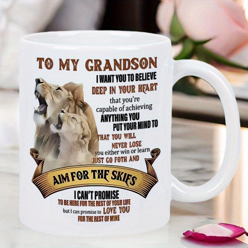 Tailorly White Ceramic 11 oz Mug - To My Grandson Aim For The Skies Majestic Adult Lion And Cub Roaring Together Under Golden Sunlight Lion