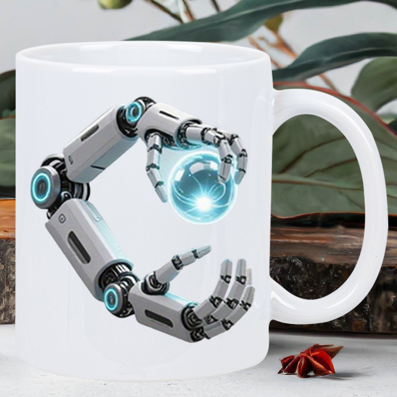 Tailorly White Ceramic 11 oz Mug - Futuristic Mechanical Limbs Holding A Glowing Luminous Blue Energy Sphere Arm