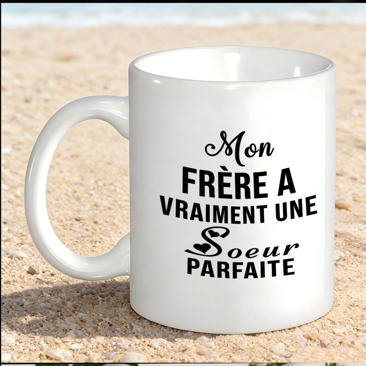 Tailorly White Ceramic 11 oz Mug - Minimalist White Ceramic Coffee Cup Resting On Sunny Outdoor Beach Sand Mug