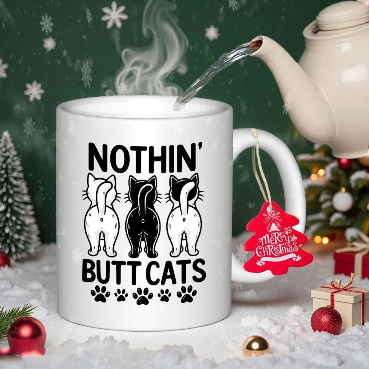 Tailorly White Ceramic 11 oz Mug - Nothin Butt Cats Three Playful Cartoon Feline Silhouettes Viewed From Behind With Small Paw Prints Cat