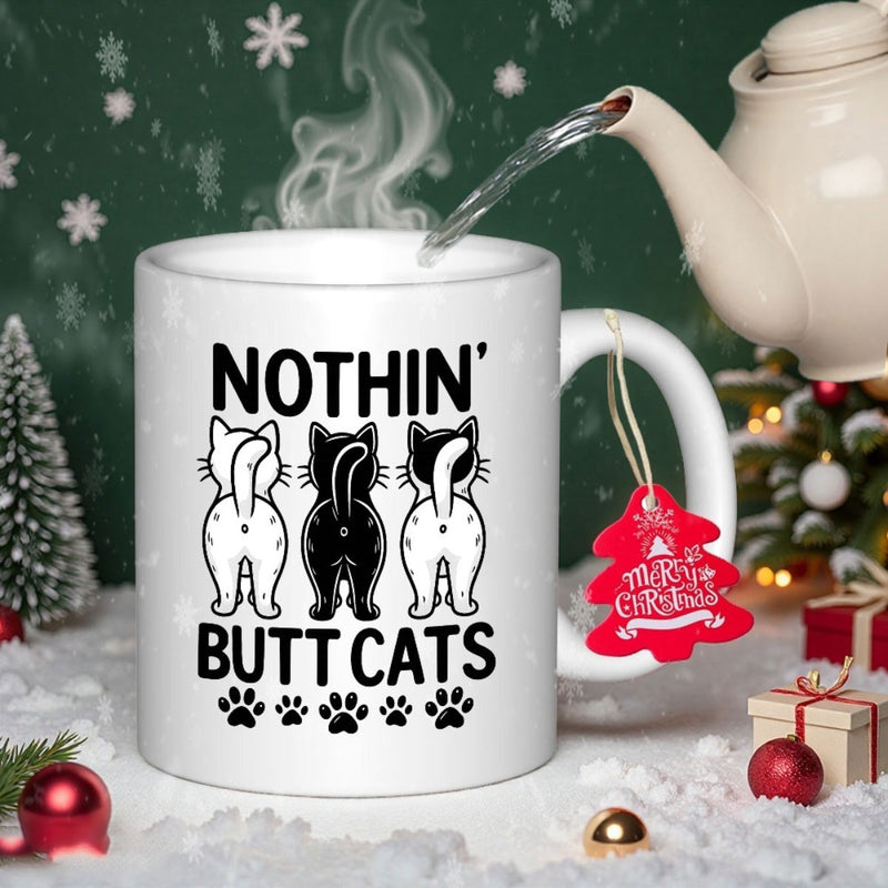 Tailorly White Ceramic 11 oz Mug - Nothin Butt Cats Three Playful Cartoon Feline Silhouettes Viewed From Behind With Small Paw Prints Cat