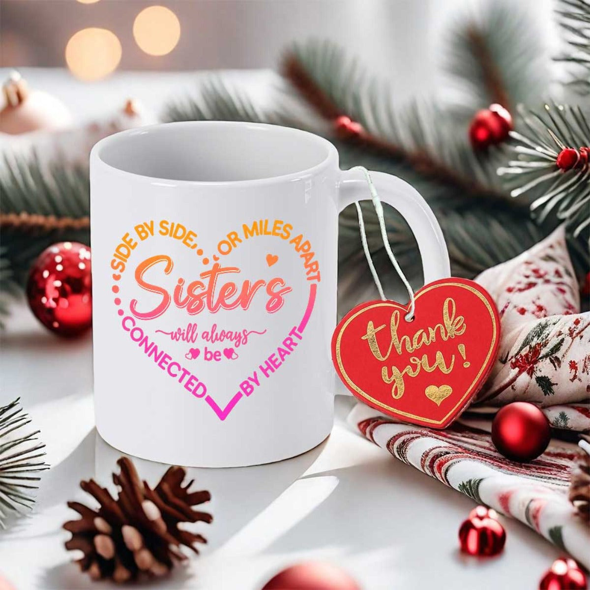 Tailorly White Ceramic 11 oz Mug - Side By Side Or Miles Apart Sisters Will Always Be Connected By Heart Thank You Sentimental Warm Quote Written Inside A