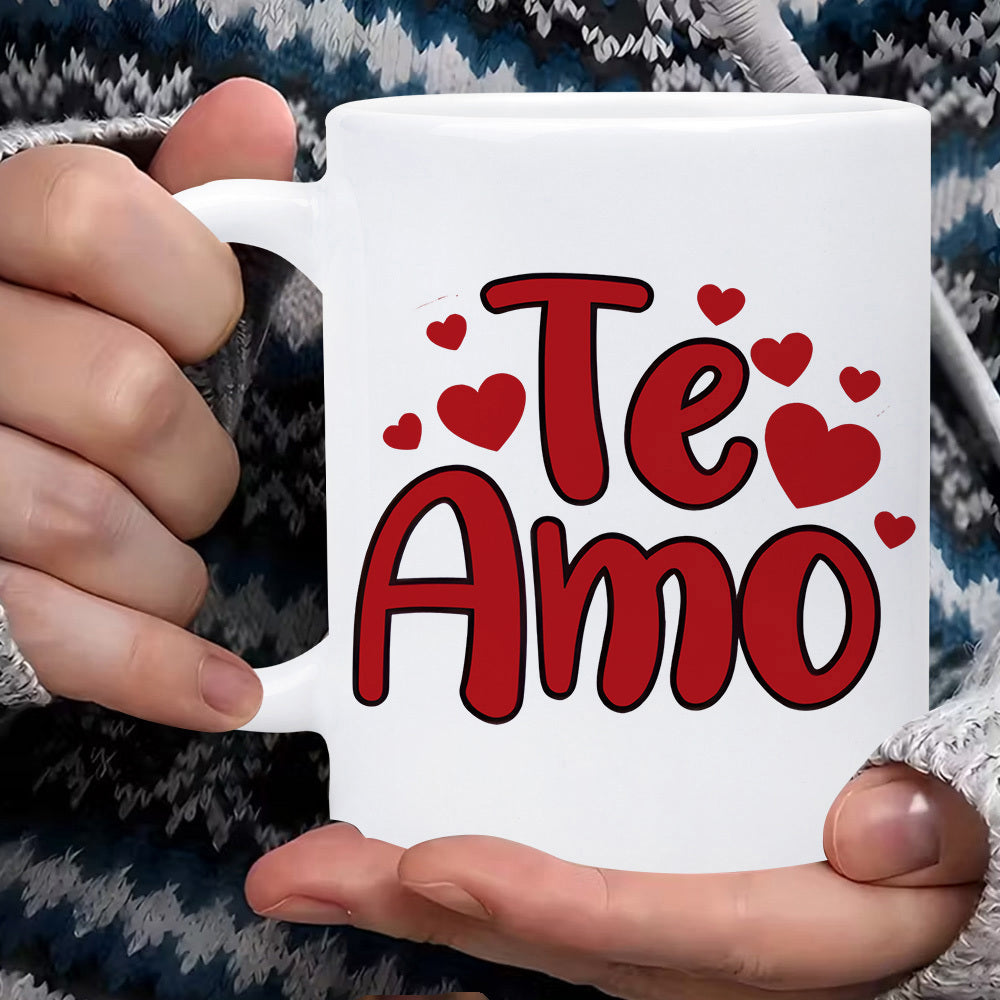 Tailorly White Ceramic 11 oz Mug - Vibrant Red Shapes Floating Gracefully Around A Large Central Symbolic Heart
