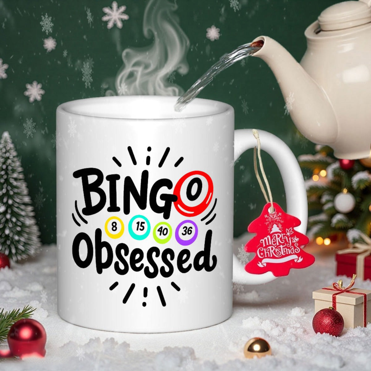 Tailorly White Ceramic 11 oz Mug - Bingo Obsessed Vibrant Numbered Gaming Spheres Surrounded By Radiant Decorative Graphic Lines Bingo