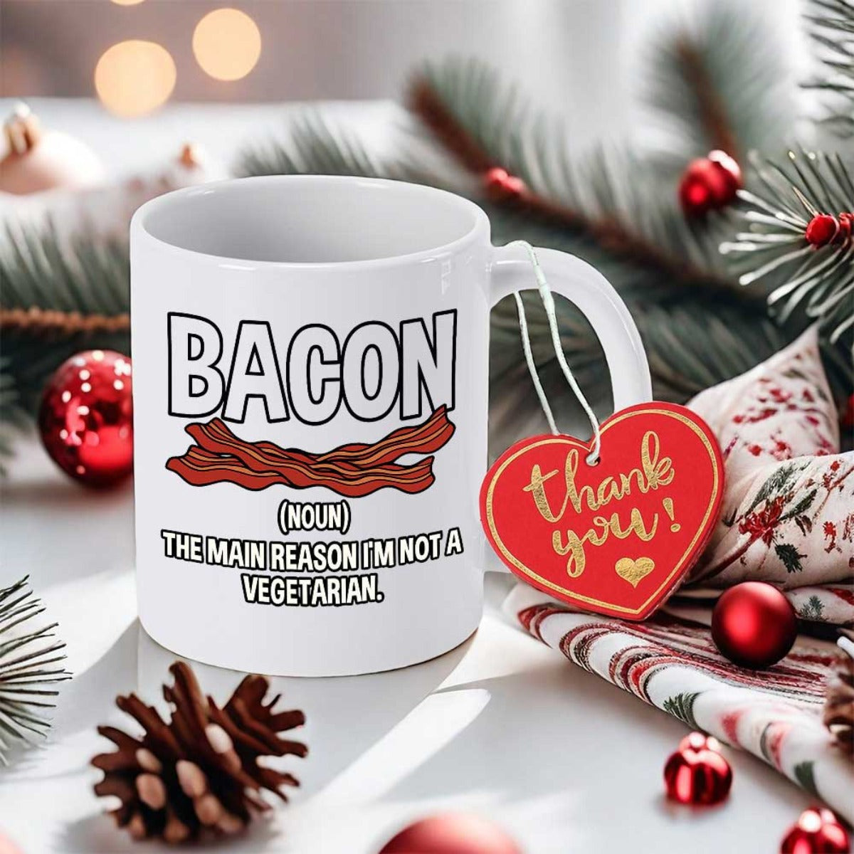 Tailorly White Ceramic 11 oz Mug - Bacon The Main Reason Im Not A Vegetarian Crispy Fried Brown Meat Slices Resting Below Bold Black Lettering Bacon
