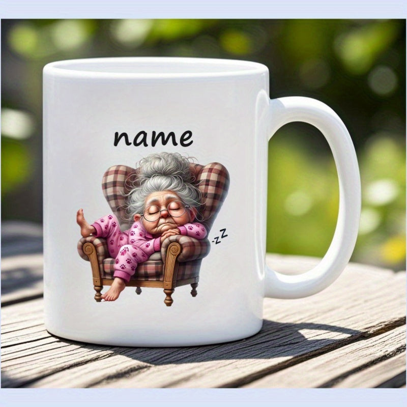 Tailorly White Ceramic 11 oz Mug - Name Peaceful Elderly Woman Sleeping In Plaid Armchair Wearing Cozy Pink Pajamas Grandmother